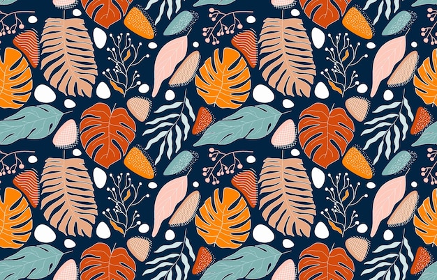 Seamless pattern with abstract flowers and leaves.