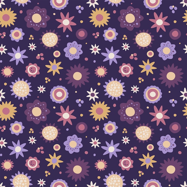 Seamless pattern with abstract flowers on a purple background