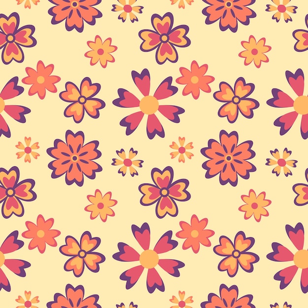 Seamless pattern with abstract flowers in a warm orange purple palette