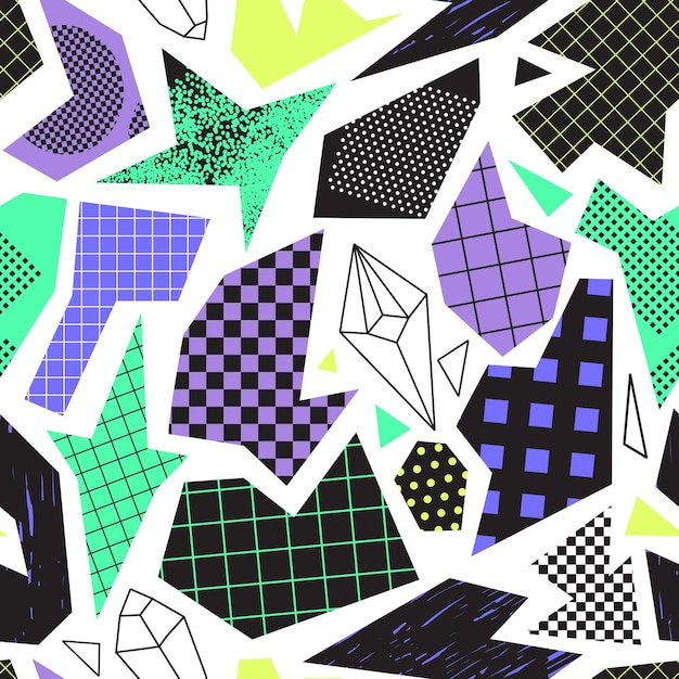 Seamless pattern with abstract geometric figures and line textures in 90s and 80s style