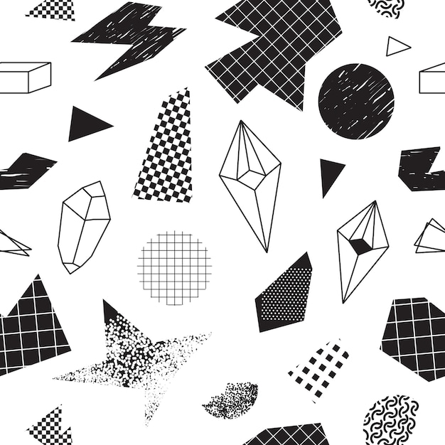 Seamless pattern with abstract geometric figures and line textures in 90s and 80s style