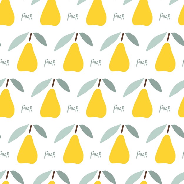 Seamless pattern with abstract pear fruit and leaves childish hand drawn doodle sketch background