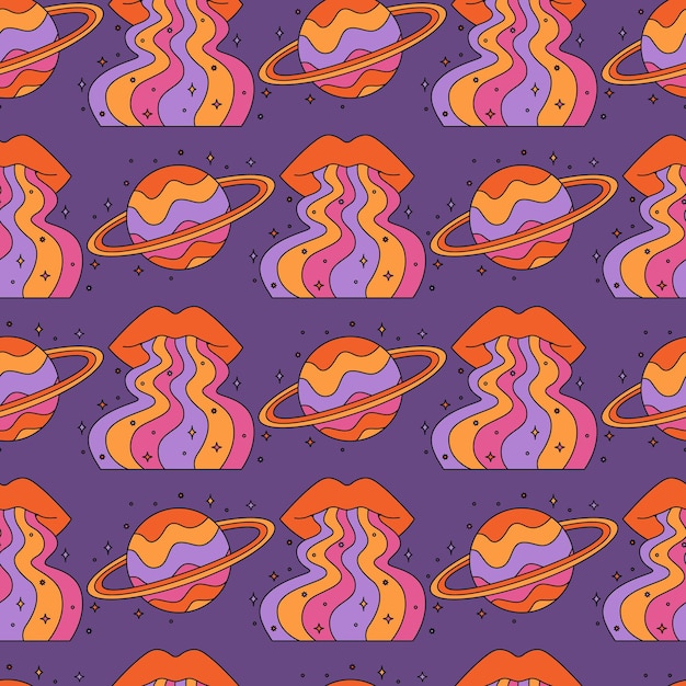 Seamless pattern with abstract psychedelic rainbow lips and planets