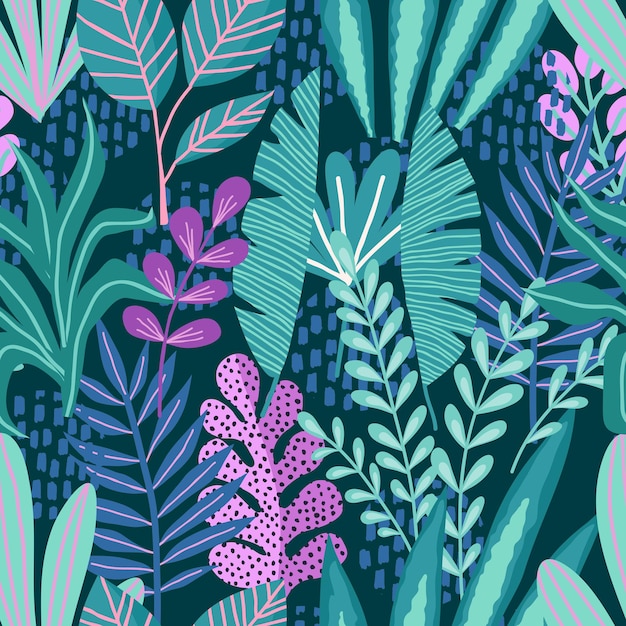 Бесшовный фон с абстрактными тропическими пальмовыми листьями и цветами. векторная иллюстрация.