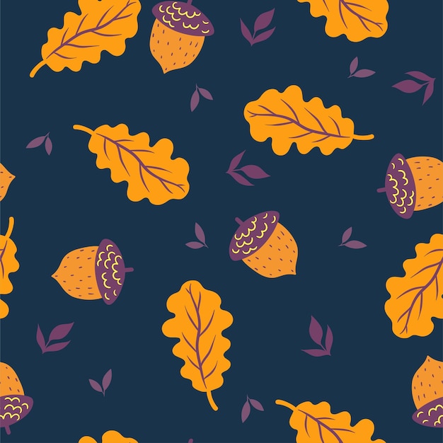 Seamless pattern with acorns and leaves on a dark blue background Vector graphics