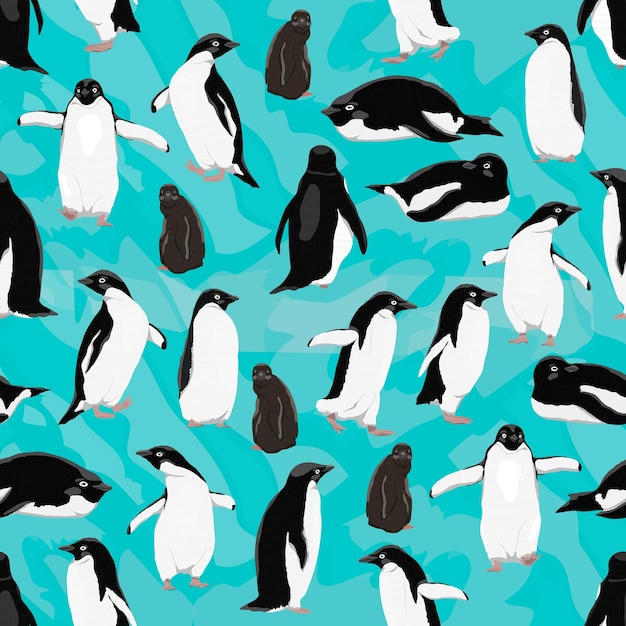 Seamless pattern with Adelie penguins Males females and chicks of Adelie penguins