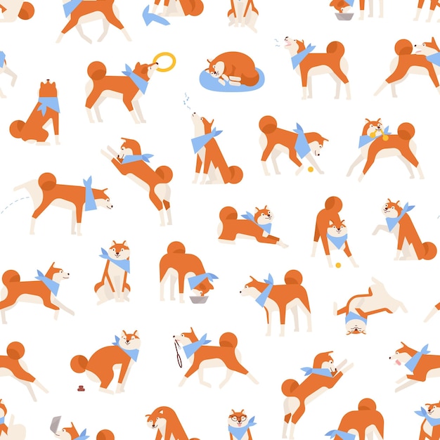 Seamless pattern with adorable Akita Inu performing daily activities. Backdrop with active purebred dog. Background with cute domestic animal or pet. Flat cartoon vector illustration for fabric print.