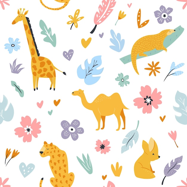 Seamless pattern with african animals and floral prints