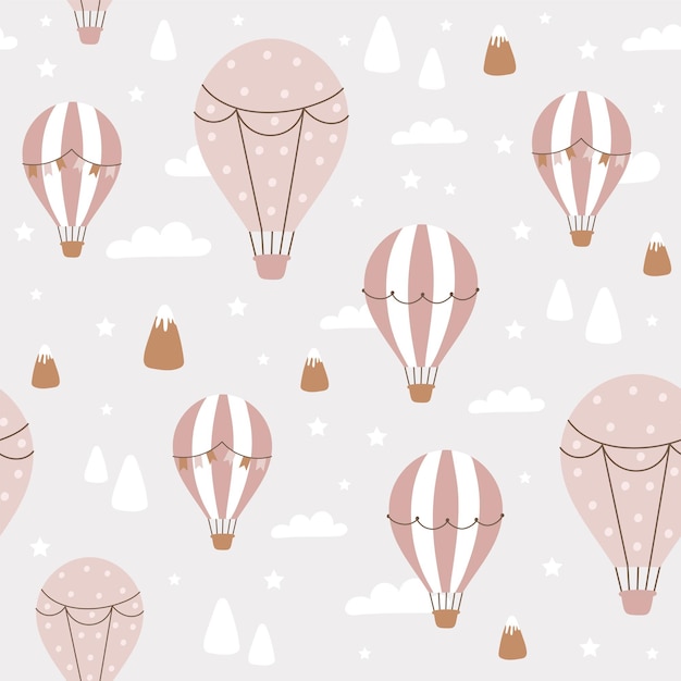 Vector seamless pattern with air balloon mountains clouds air balloon vector illustrations