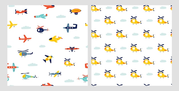 Seamless pattern with airplane and helicopter Air transport Kids print Vector illustrations