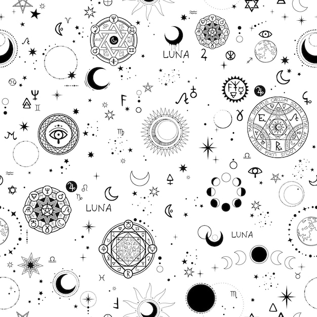 Vector seamless pattern with alchemical and space elements