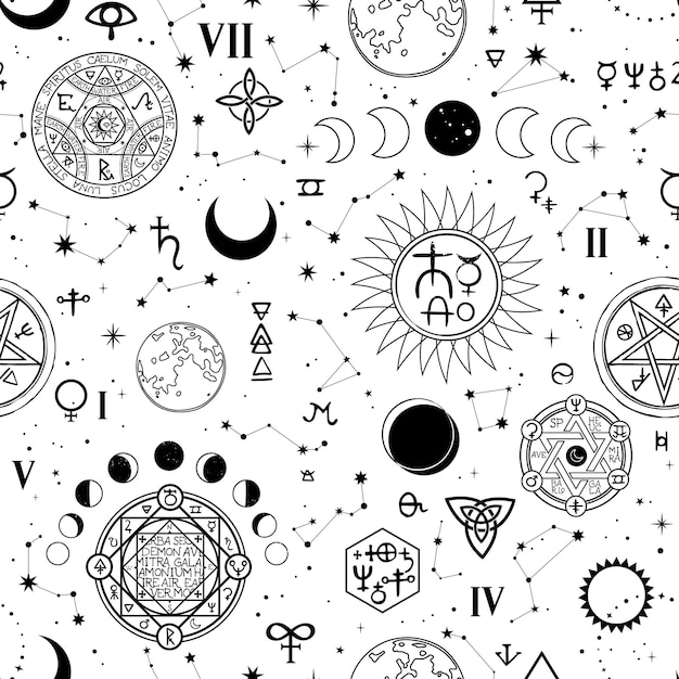 Vector seamless pattern with alchemical and space elements