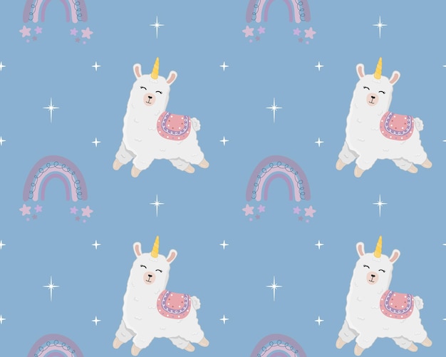 Seamless pattern with alpaca llama stars and rainbows cartoon design animal character flat vector style baby texture for fabric wrapping textile wallpaper clothing