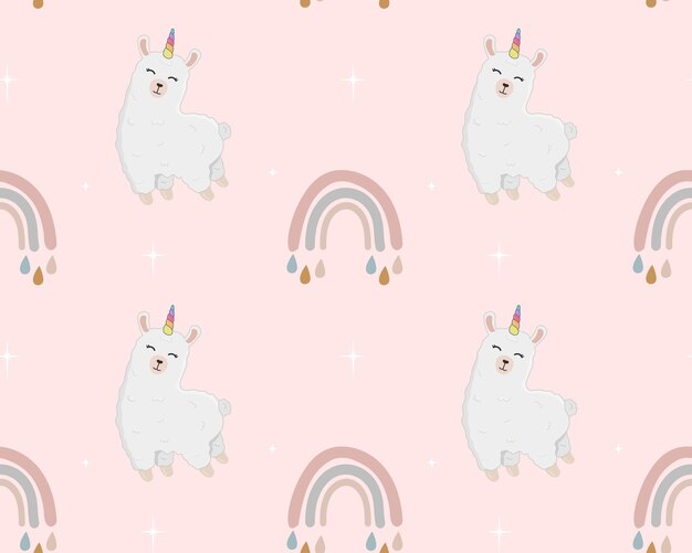 Seamless pattern with alpaca llama stars and rainbows Cartoon design animal character flat vector style Baby texture for fabric wrapping textile wallpaper clothing