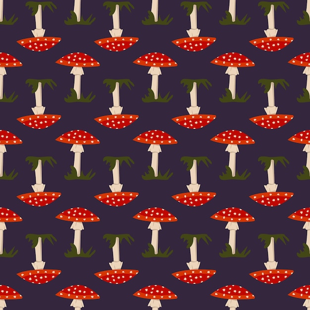 Premium Vector | Seamless pattern with amanita mushroom with red hat and  white dots and grass on dark background brig...