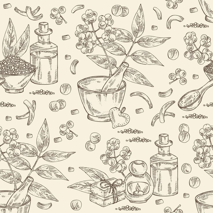 Vector seamless pattern with amur cork tree. berries, plant and amur cork tree bark. phellodendron amurense
