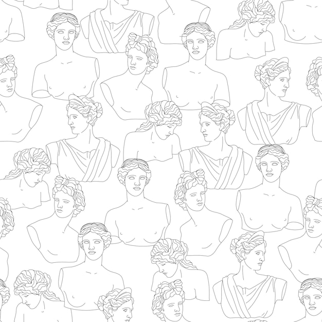Бесшовный рисунок с древнегреческими скульптурами и персонажами Греция античные мраморные статуи иллюстрация для ткани текстильные обои фон оберточная бумага
