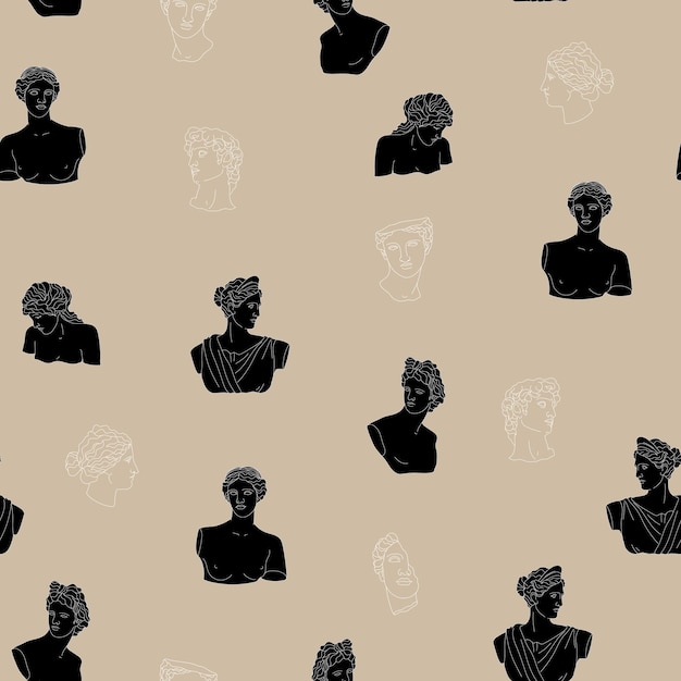 Seamless pattern with ancient Greek sculptures and characters Greece antique marble statues illustration for fabric textile wallpaper background wrapping paper