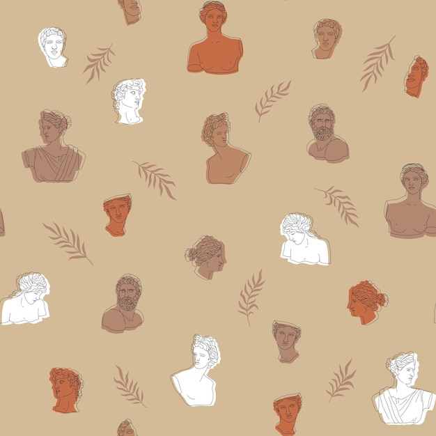 Seamless pattern with ancient Greek sculptures and characters Greece antique marble statues illustration for fabric textile wallpaper background wrapping paper