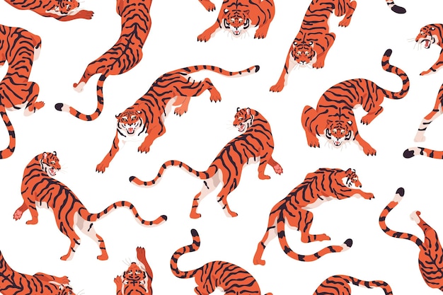 Seamless pattern with angry tigers. Endless repeating background with evil wild felines prowling and roaring. Texture design with tropical animal for printing. Colored flat vector illustration