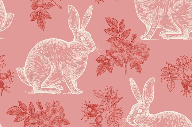 Vector seamless pattern with animal hare and flowers