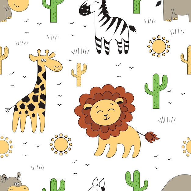 Seamless pattern with Animals of Africa. Giraffe,hippo, lion, zebra and other vector elements