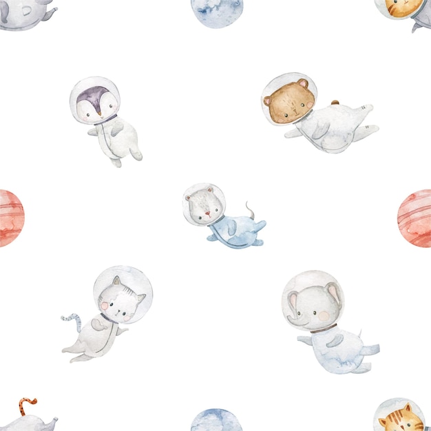 seamless pattern with animals astronauts in outer space childish watercolor pattern