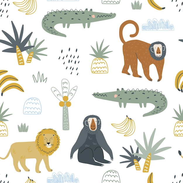 Seamless pattern with animals lion monkey and crocodile on a white backgroundCute baby background
