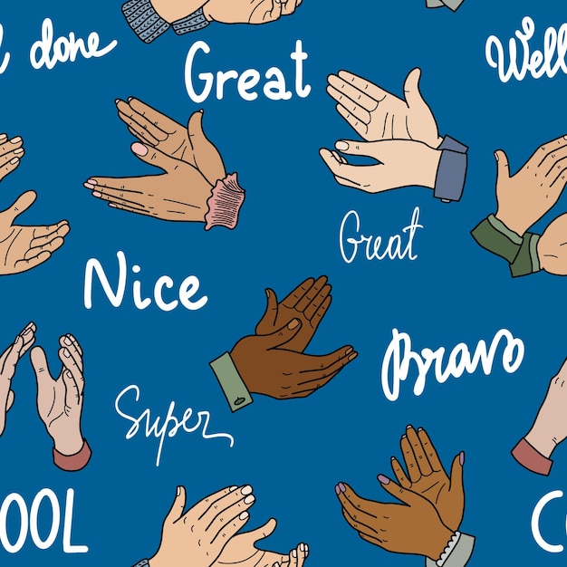 Seamless pattern with applause handclaps ovation Vector illustration in cartoon style Lettering Bravo super well done nice work great cool on a blue background