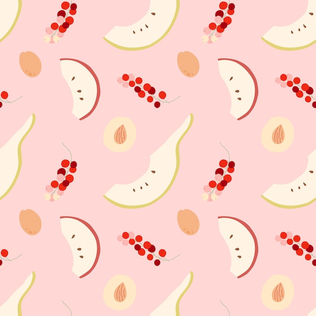 Vector seamless pattern with apple pear peach slices apricot red currant for prints backgrounds