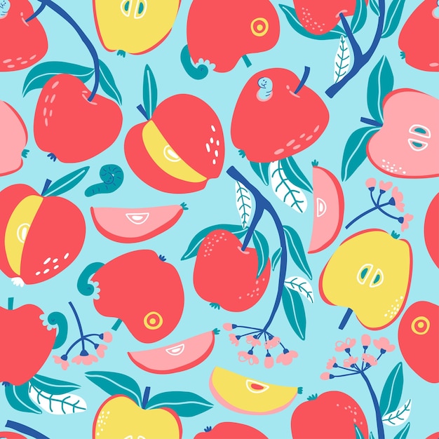 Seamless pattern with apples drawn in flat style vector illustration isolated on white background