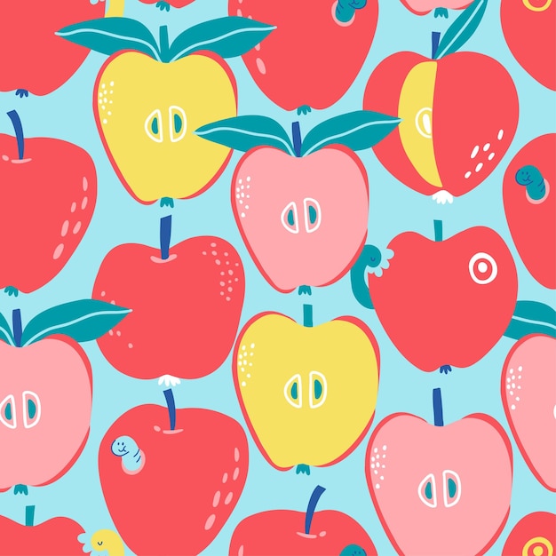 Seamless pattern with apples drawn in flat style vector illustration isolated on white background