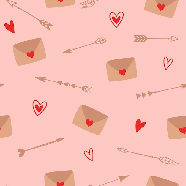 Seamless pattern with arrows, letters and hearts on pink background. Love background for Valentine's