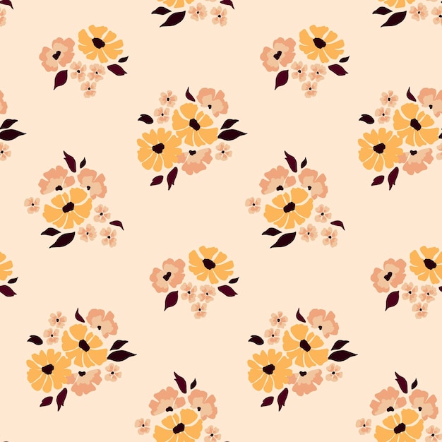 Seamless pattern with artistic flowers. Floral print with small bouquets of simple plants. Vector illustration.