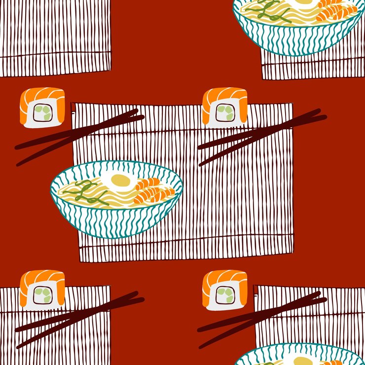 Vector seamless pattern with asian food cuisine soup noodles and sushi roll illustration