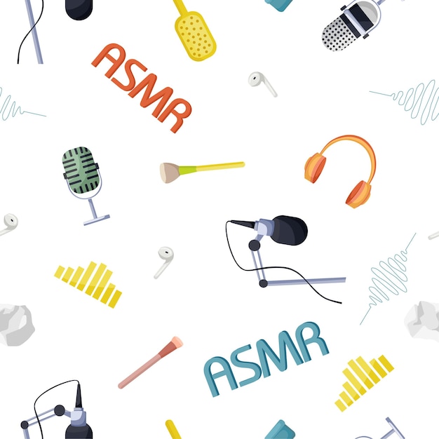 Seamless pattern with asmr elements  high frequency microphone headphones brushes paper