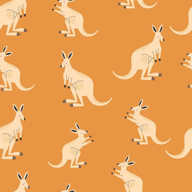 Seamless pattern with Australian animals kangaroo on orange background