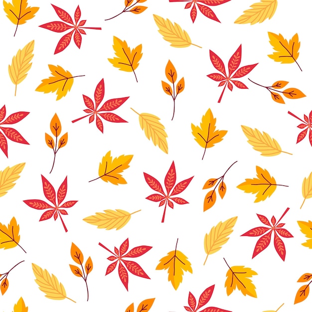 Seamless pattern with autumn branches and leaves on white background. Floral hand drawn ornament in yellow and red colors. Bright background for printing on fabric, wallpaper and paper. Vector