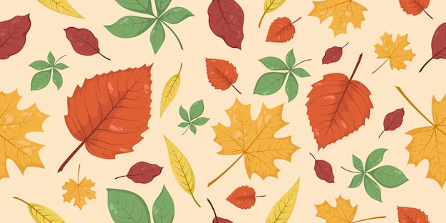 베이지 빨간색 갈색 녹색과 노란색의 가을 잎과 함께 무 없는 패턴