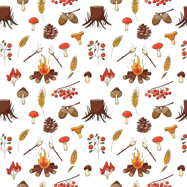 가을 숲 수확과 원활한 패턴 소나무 콘 버섯 모닥불 그루터기 베리 마시멜로 도토리 컬러 낙서 요소와 배경 흰색 배경에 화려한 벡터 패턴