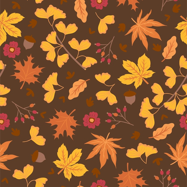 Seamless pattern with autumn leaves berries acorns and flowers