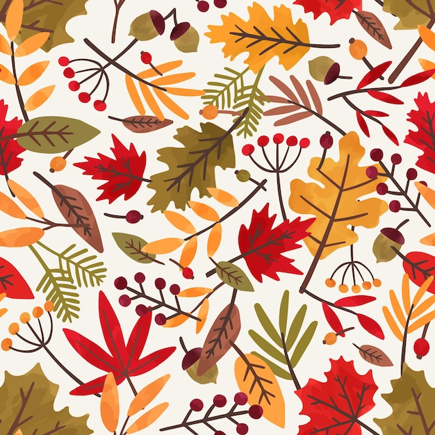 Seamless pattern with autumn leaves and berries. colorful repeatable backdrop with oak, rowan and maple leaves and acorns for wrapping paper. flat vector cartoon illustration of bright fall foliage.