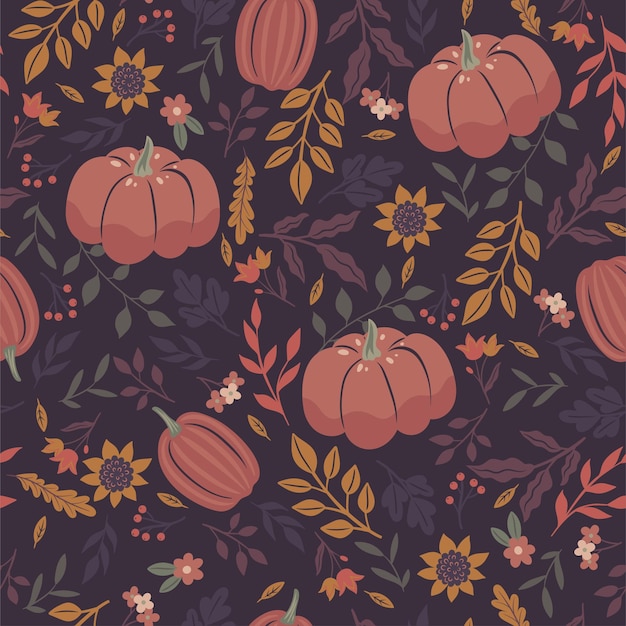 Seamless pattern with autumn leaves berries pumpkins and flowers