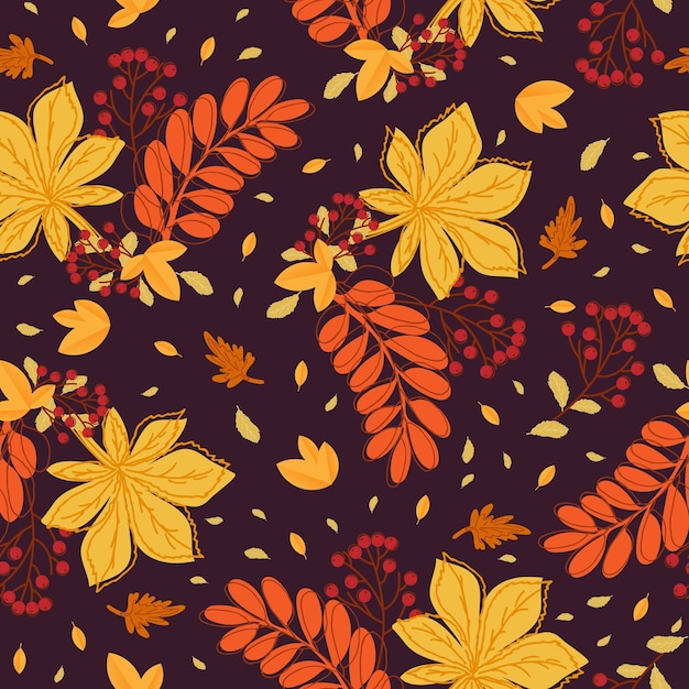 Seamless pattern with autumn leaves of chestnut and rowan on dark background