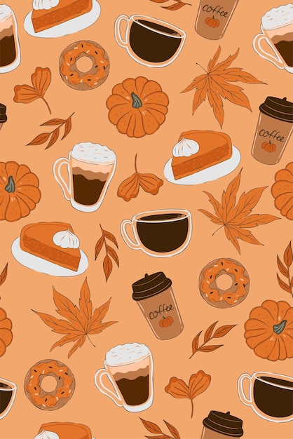 Modello senza cuciture con foglie d'autunno, ciambelle, zucche e caffè grafica vettoriale