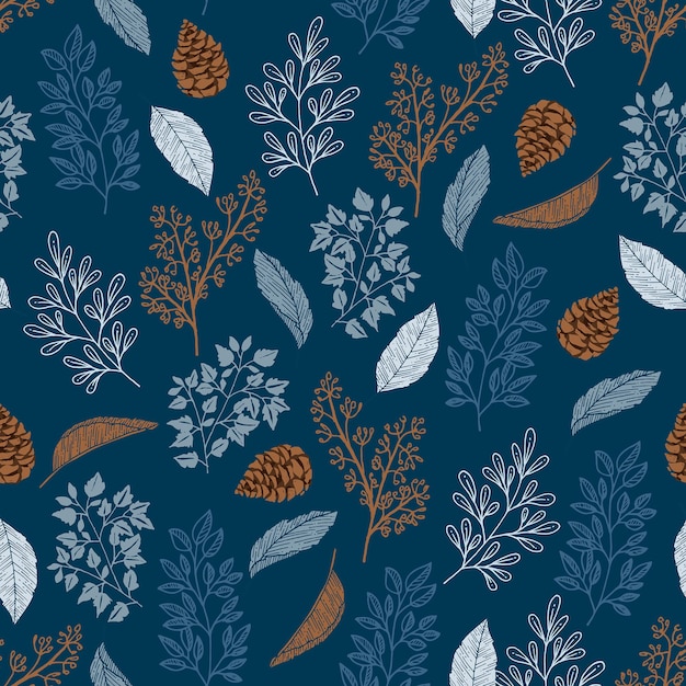 Seamless pattern with autumn leaves and pine cone with line doodle hand drawn style vector