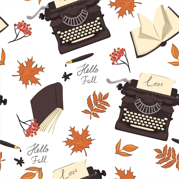 Seamless pattern with autumn leaves typewriters fountain pens books