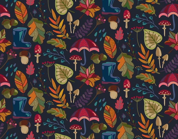 Seamless pattern with autumn nature elements fall beautiful bright leaves flowers