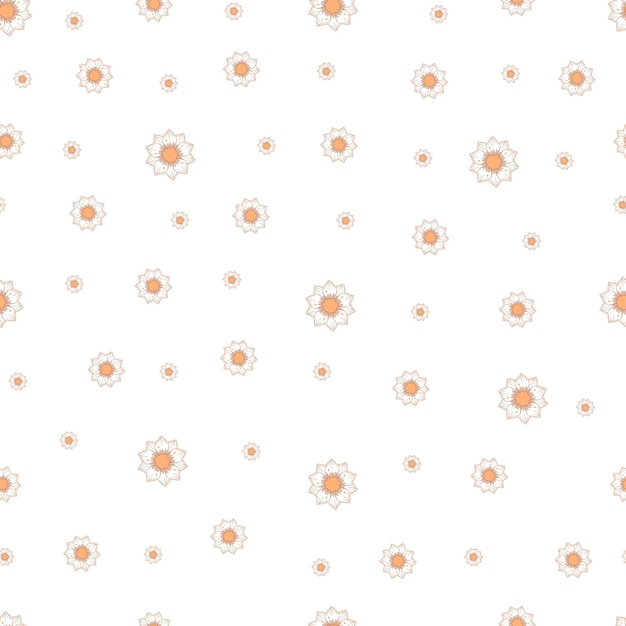 Seamless pattern with autumn small lined abstract flowers in warm colors isolated on white background in flat cartoon style