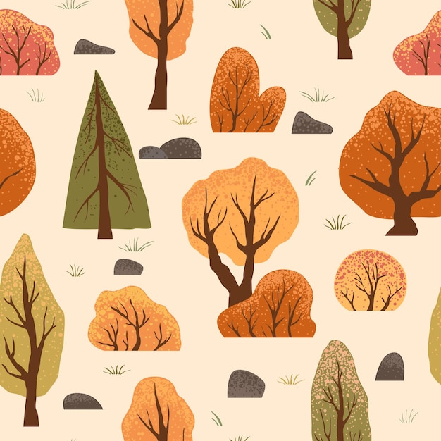 Seamless pattern with autumn trees bushes scandinavian style nature illustration fall landscape background vector illustration for textilewallpaper fabric design wrapping paper
